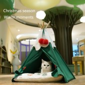 Christmas Tree Inspired Cotton Cat Teepee Bed | Spacious & Stable Triangular Structure Pet Tent | Warm Cozy Shelter with Soft Cushion for Cats | Pre-Assembled Holiday Themed Cat House for Deep Sleep