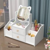 Multifunctional Wood Luxury white round mirror nordic cosmetic storage box makeup organizer with cat ears with Mirror